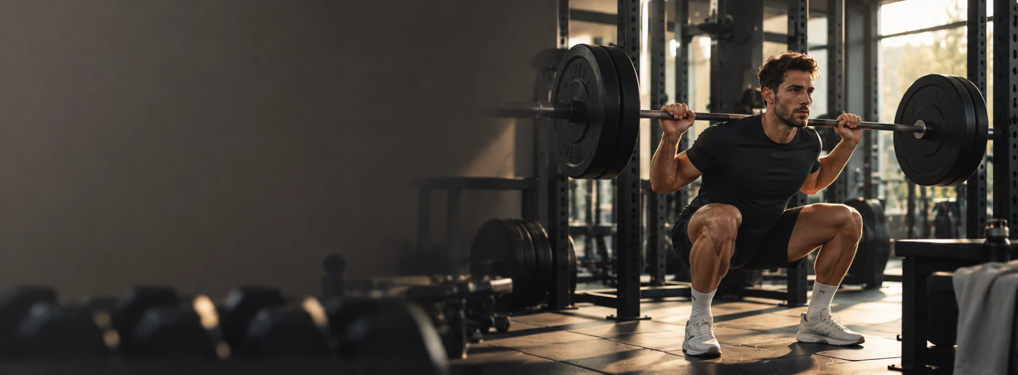 Athlète en squat barre, concentration et technique maîtrisée