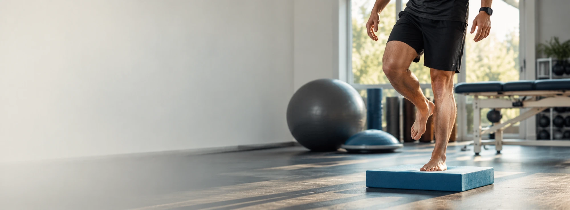 Travail d'équilibre sur plateau de proprioception
